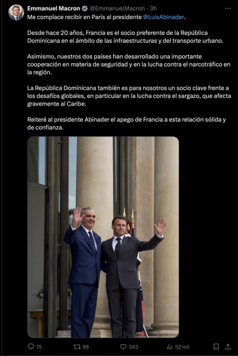 Emmanuel Macron, Tweet sobre República Dominicana vía X, durante una visita del presidente Abinader al Palacio del Elíseo este Martes 24 de marzo 2026. 