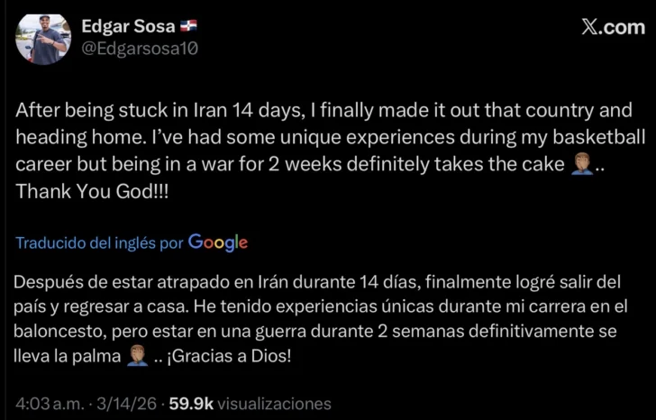 Baloncestista dominicano Edgar Sosa logra salir de Irán tras quedar atrapado 14 días por el conflicto en Oriente Medio Baloncestista dominicano Edgar Sosa logra salir de Irán tras quedar atrapado 14 días por el conflicto en Oriente Medio