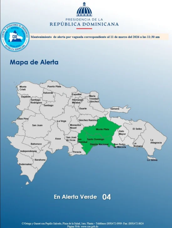 COE mantiene en alerta verde al Distrito Nacional y tres provincias por efectos de vaguada