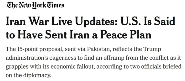EEUU envía a Irán plan de 15 puntos para terminar la guerra, según NYT
