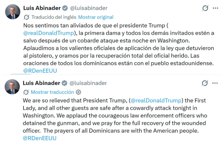 Abinader expresa 'alivio' por Trump y Melania tras 'cobarde' tiroteo