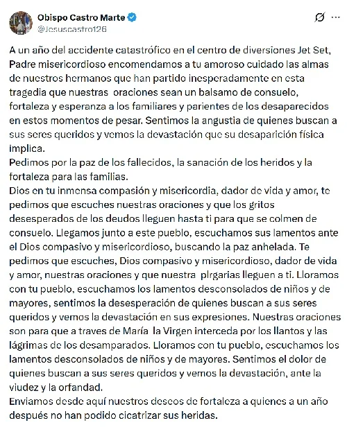 Obispo pide consuelo y fortaleza al cumplirse un año de la tragedia de Jet Set