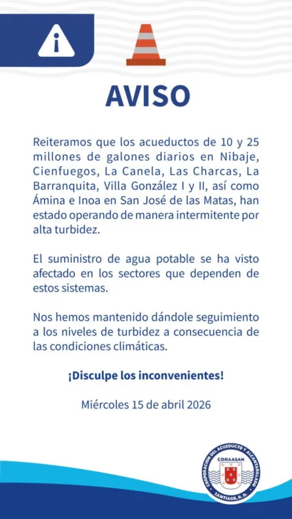 Coraasan atribuye deficiencia en el suministro de agua a alta turbidez por lluvias