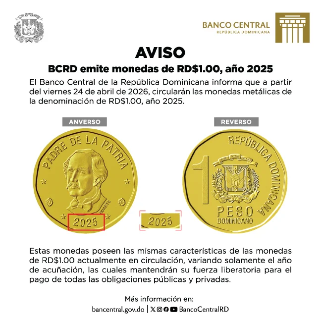 Banco Central pondrá en circulación monedas de RD$1.00 con año 2025 a partir del 24 de abril