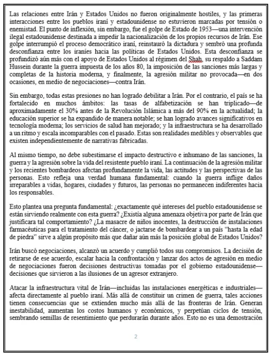 «Irán nunca ha iniciado una guerra», dice a EEUU el presidente de la República Islámica