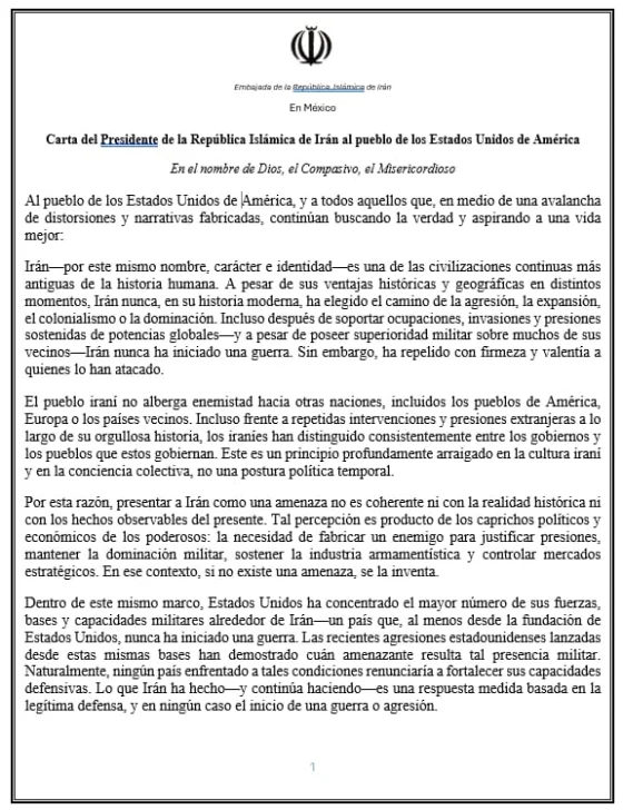 «Irán nunca ha iniciado una guerra», dice a EEUU el presidente de la República Islámica
