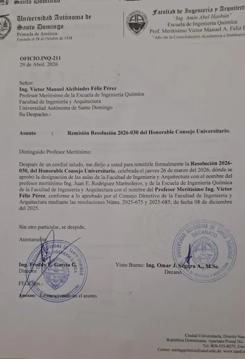 Escuela de Ingeniería Química designada con el nombre del profesor meritísimo Víctor Féliz Pérez