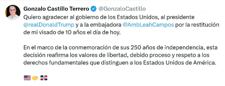 Gonzalo Castillo anuncia EEUU le restituyó visado Gonzalo Castillo anuncia EEUU le restituyó visado