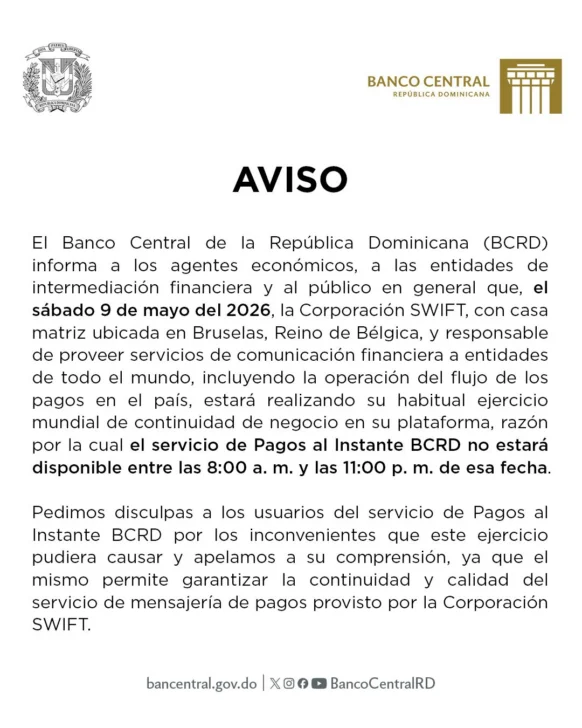 Banco Central avisa suspensión temporal de Pagos al Instante este sábado 9 de mayo