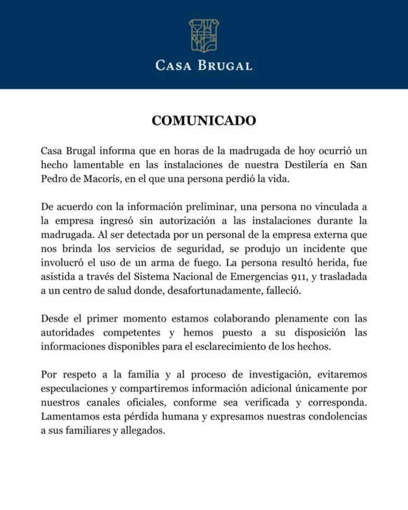 Muere una persona tras incidente con arma de fuego en destilería de Casa Brugal en San Pedro de Macorís