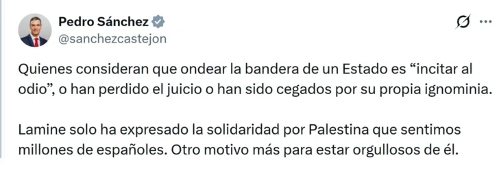 Pedro Sánchez 'orgulloso' futbolista Lamine Yamal ondeara bandera palestina