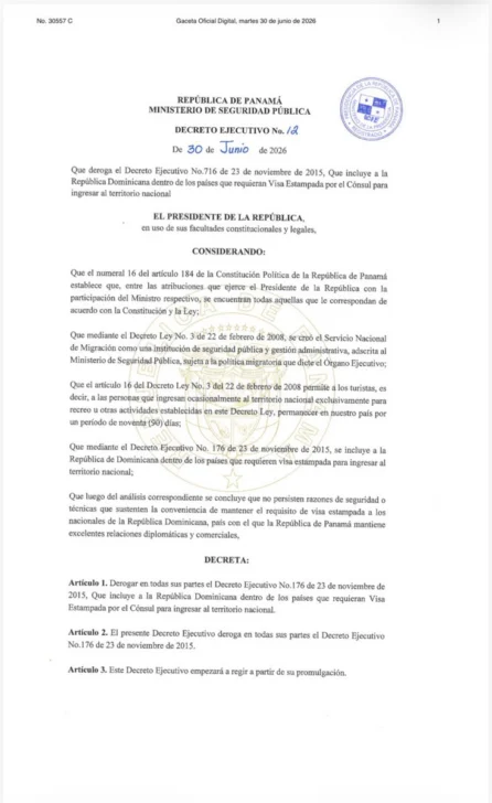 Panamá elimina el requisito de visa a los dominicanos con efecto inmediato