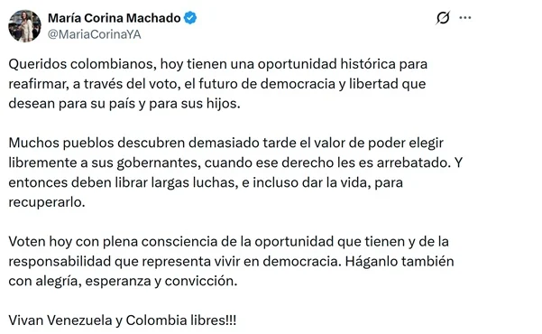 Antichavista Machado llama a Colombia a votar con 'plena consciencia'