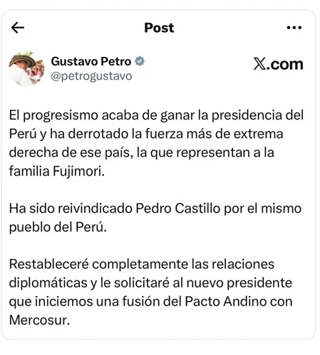 Petro se adelanta y celebra triunfo de la izquierda en elecciones peruanas