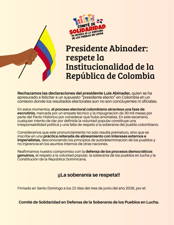 Comité de Solidaridad rechaza felicitación de Abinader a De la Espriella y le pide respetar institucionalidad colombiana