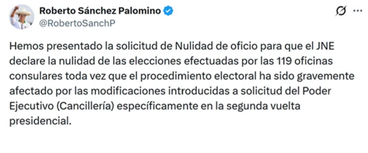Sánchez formaliza solicitud de anular votos en el exterior, lo que le haría ganar a Fujimori