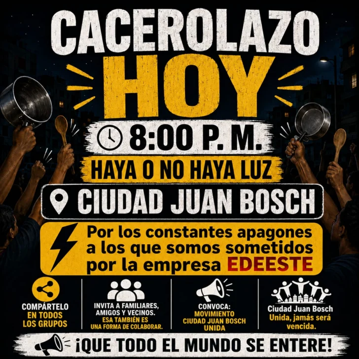Convocan cacerolazo esta noche en Ciudad Juan Bosch por apagones