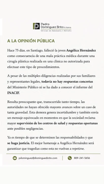 Familia de joven fallecida en cirugía estética denuncia falta de acción de las autoridades