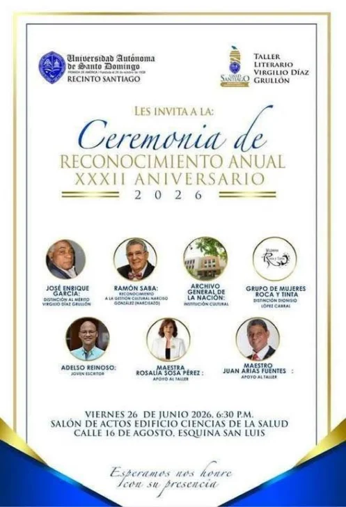 Este viernes será el acto Reconocimiento Anual 2026 del Taller Literario Virgilio Díaz Grullón