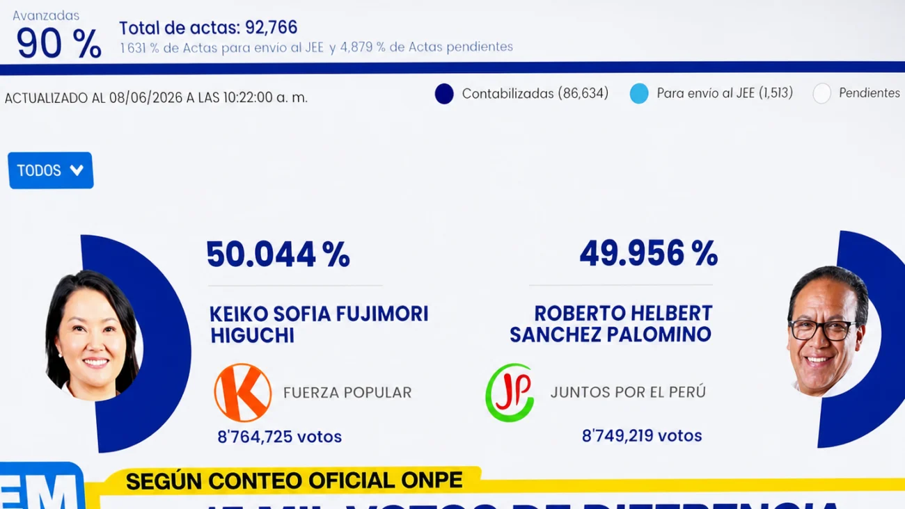 Perú al filo: Keiko Fujimori mantiene ventaja de apenas 15,506 votos sobre Roberto Sánchez con el 90% de actas contadas Perú al filo: Keiko Fujimori mantiene ventaja de apenas 15,506 votos sobre Roberto Sánchez con el 90% de actas contadas