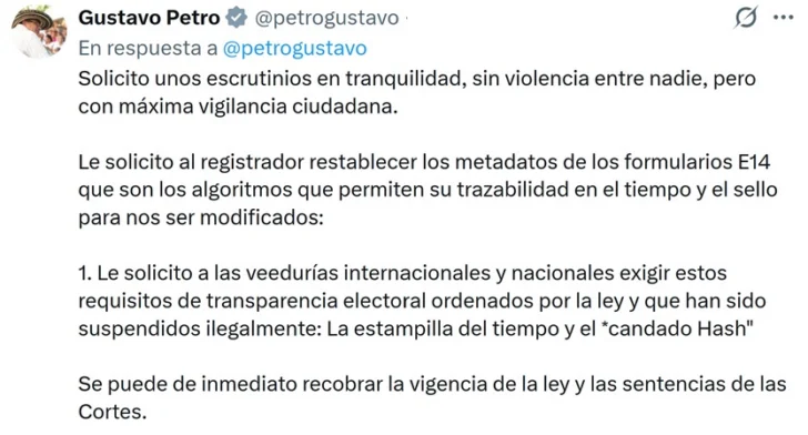 Petro pide'máxima vigilancia ciudadana' en segunda vuelta del domingo