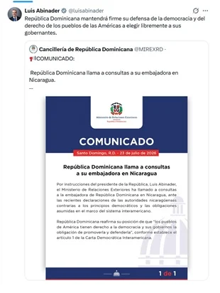 Abinader respalda regreso de embajadora en Nicaragua cuyo gobernante llamó 'vasallas' a autoridades dominicanas Abinader respalda regreso de embajadora en Nicaragua cuyo gobernante llamó 'vasallas' a autoridades dominicanas