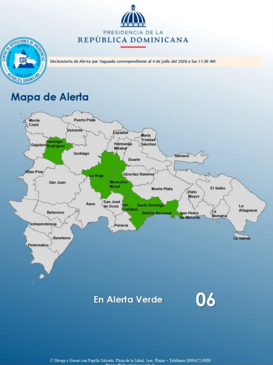 Alerta verde en seis provincias y el Distrito Nacional por lluvias, tronadas y riesgo de inundaciones