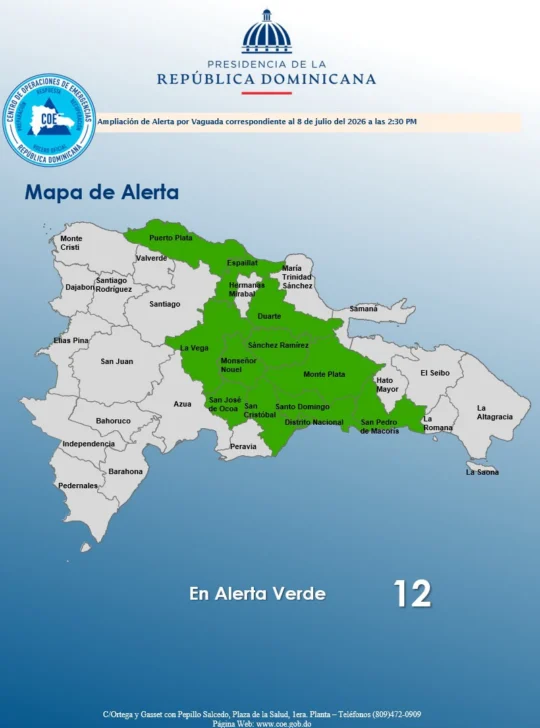 COE amplía alerta verde por vaguada y onda tropical que afecta a 12 provincias y el Distrito Nacional
