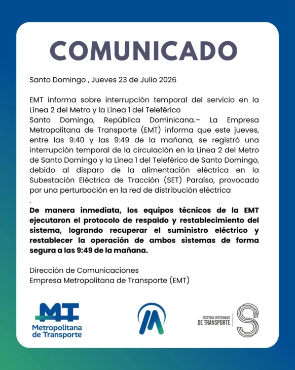 EMT atribuye interrupción del Metro y el Teleférico a una falla en la red de distribución eléctrica EMT atribuye interrupción del Metro y el Teleférico a una falla en la red de distribución eléctrica