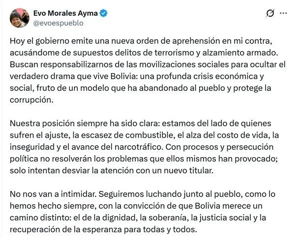 Evo Morales dice no le intimida la nueva orden de captura en su contra