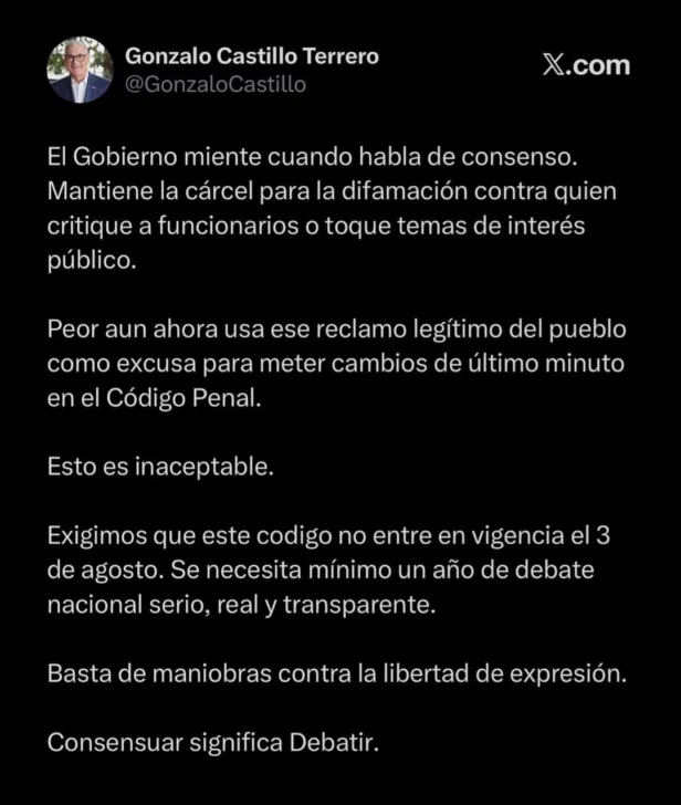 Gonzalo Castillo critica entrada en vigencia del Código Penal y exige un año de debate nacional