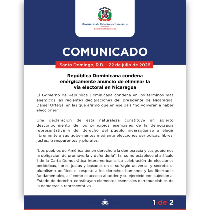 Enérgica condena dominicana a fin de elecciones democráticas en Nicaragua Enérgica condena dominicana a fin de elecciones democráticas en Nicaragua