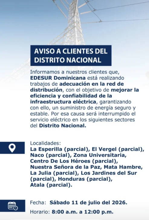 Edesur interrumpe servicio eléctrico en varios sectores del Distrito Nacional por trabajos en la red