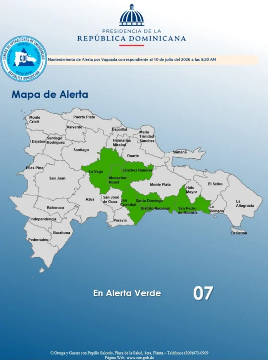 COE mantiene siete provincias y el Distrito Nacional en alerta verde por posibles inundaciones