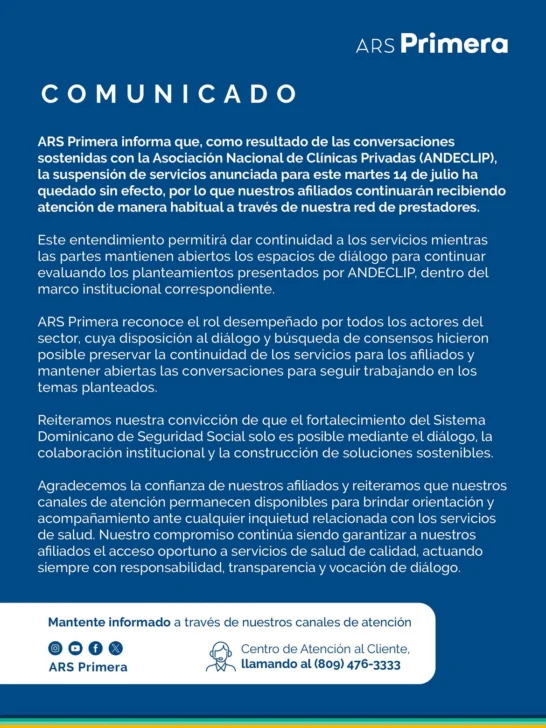 ARS Primera dice que clínicas privadas aceptarán a sus afiliados gracias a acuerdo con ANDECLIP