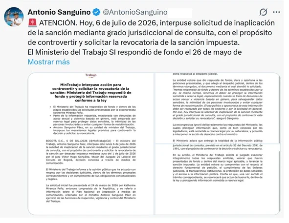 Ordenan arresto por cinco días a ministro por casos de acoso laboral y sexual