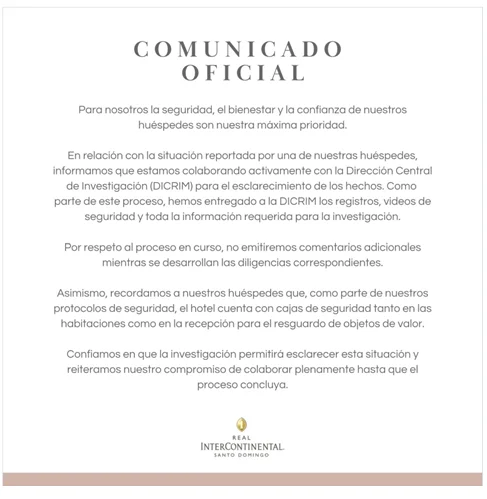 Hotel Intercontinental colabora con Policía tras denuncia de Paymi Marte de robo de US$7,900 Hotel Intercontinental colabora con Policía tras denuncia de Paymi Marte de robo de US$7,900