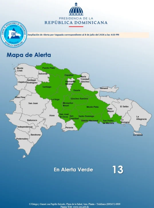 COE amplía la alerta verde para 13 provincias y el Distrito Nacional