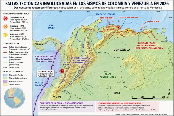 Colombia y Venezuela: terremotos de magnitud similar, pero fallas tectónicas diferentes