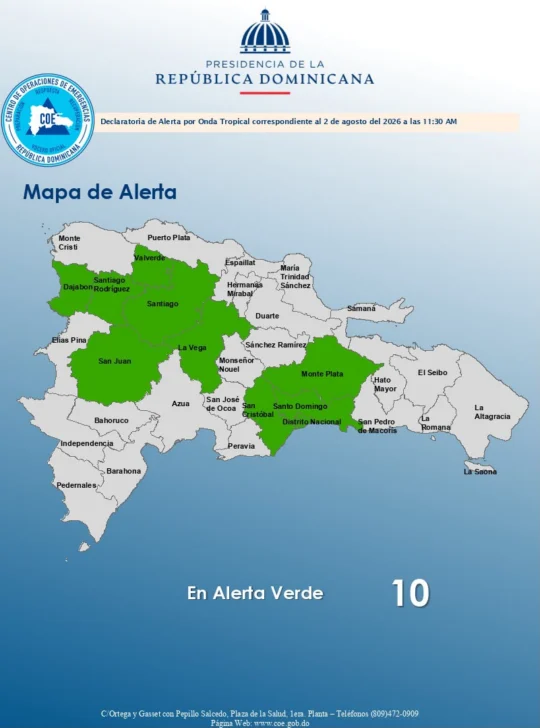 COE declara alerta verde en 10 provincias y el Distrito Nacional por lluvias y riesgo de inundaciones