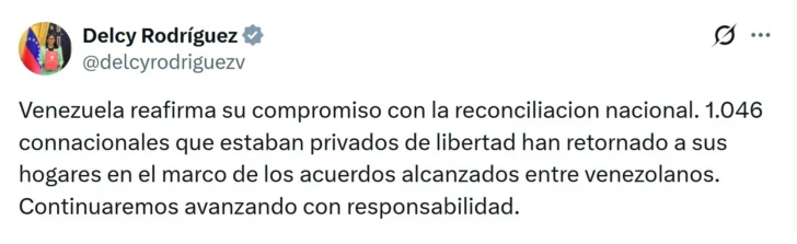Delcy Rodríguez repite lo dicho por Rubio: 1.046 venezolanos presos han regresado a sus casas