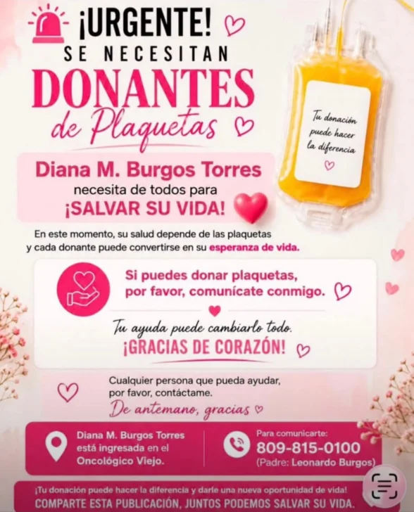 Solicitan con urgencia donantes de plaquetas para la joven madre Diana Burgos Torres