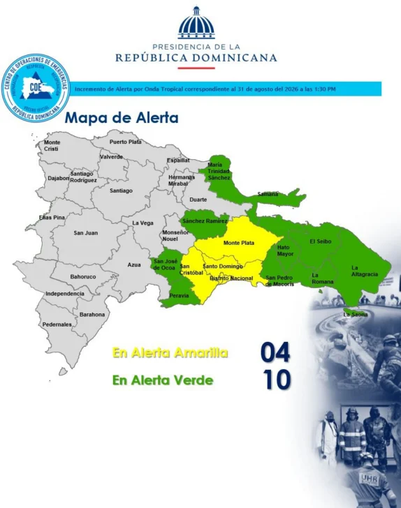 Cuatro provincias en alerta amarilla y 10 en verde por lluvias asociadas a una vaguada y onda tropical Cuatro provincias en alerta amarilla y 10 en verde por lluvias asociadas a una vaguada y onda tropical