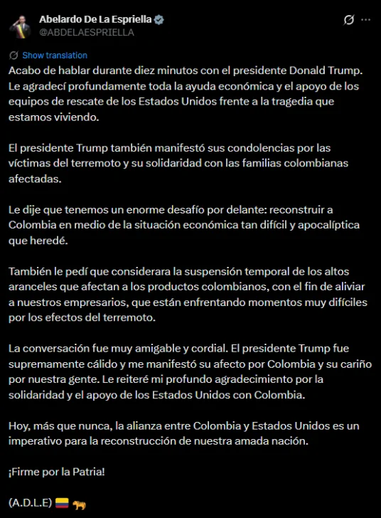 De la Espriella pide a Trump suspender aranceles a Colombia tras devastador terremoto
