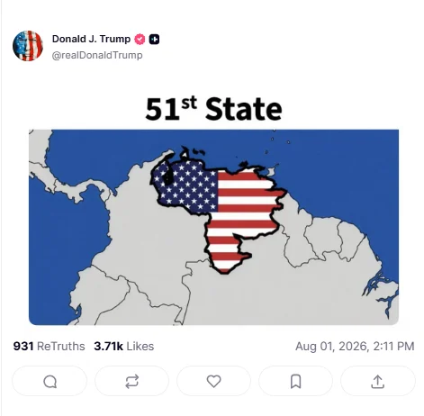 Trump comparte un mensaje en su red social un mapa de Venezuela como estado 51 de EEUU