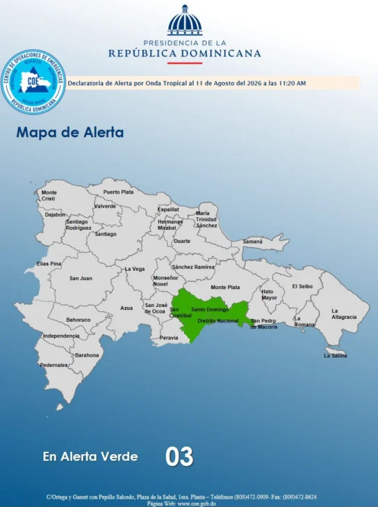 El Distrito Nacional, Santo Domingo y San Cristóbal, en alerta verde por lluvias