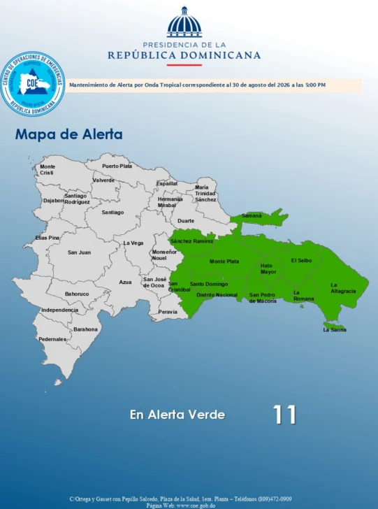 COE mantiene 10 provincias en alerta verde por lluvias