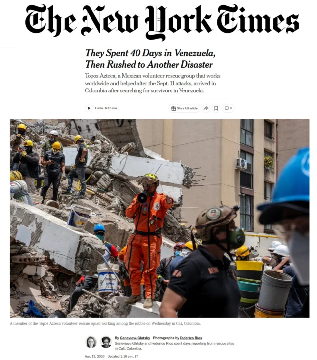 NYT destaca labor de los Topos Azteca, rescatistas mexicanos que pasaron de Venezuela a Colombia NYT destaca labor de los Topos Azteca, rescatistas mexicanos que pasaron de Venezuela a Colombia