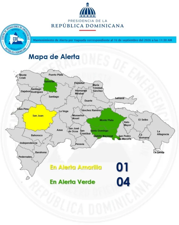 COE mantiene alerta amarilla para San Juan y verde para tres provincias y el Distrito Nacional