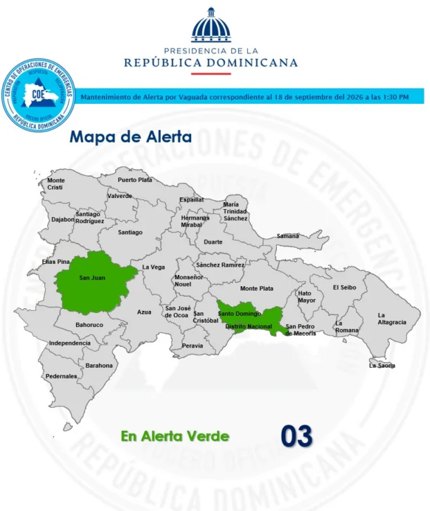 COE mantiene alerta verde para Santo Domingo, San Juan y el Distrito Nacional